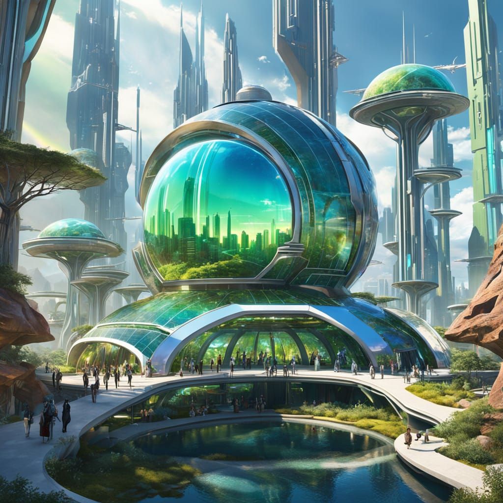 Surreal Solarpunk Eco-Cityscape with Hydroponics Dome and Fu...