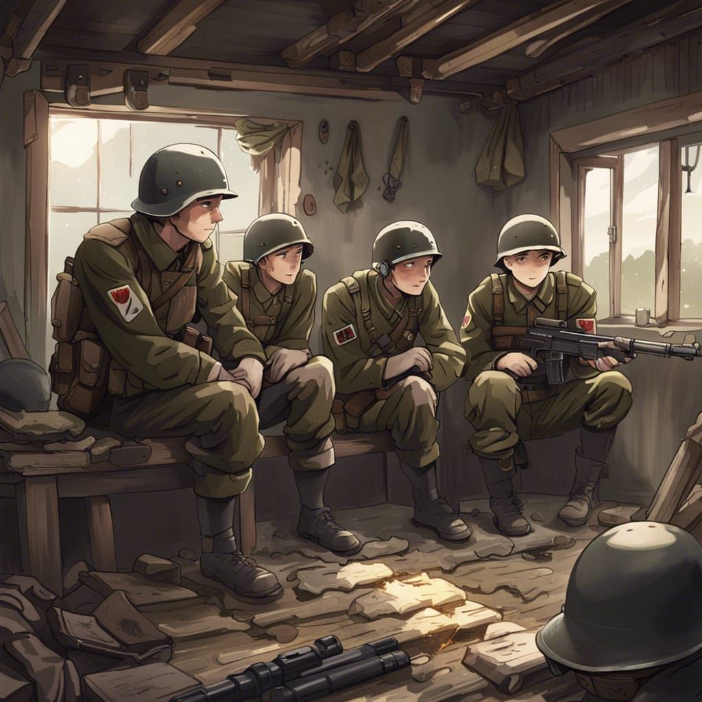 WWII Soldiers Resting Anxiously in Ruined Cottage