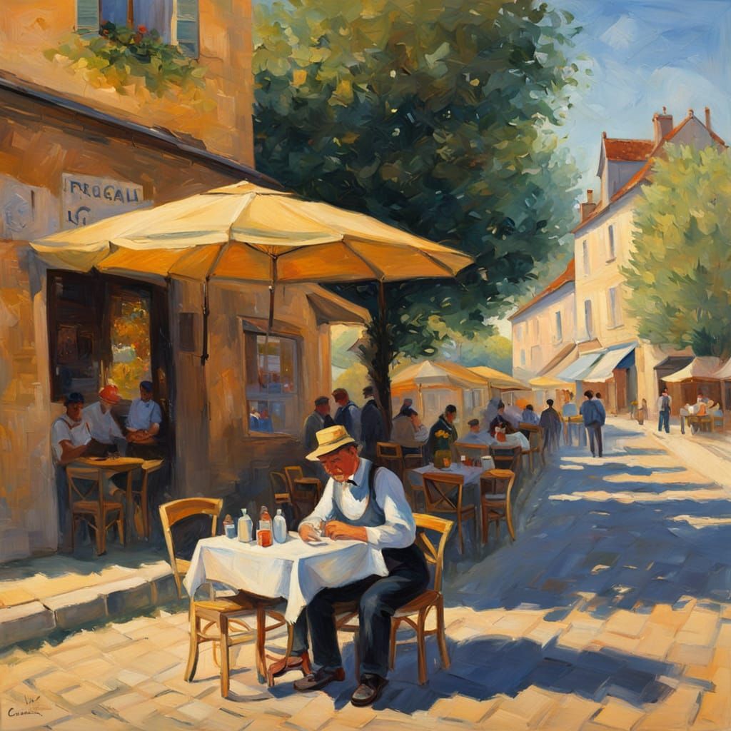 French Cafe Scene in Neo-Impressionist Style