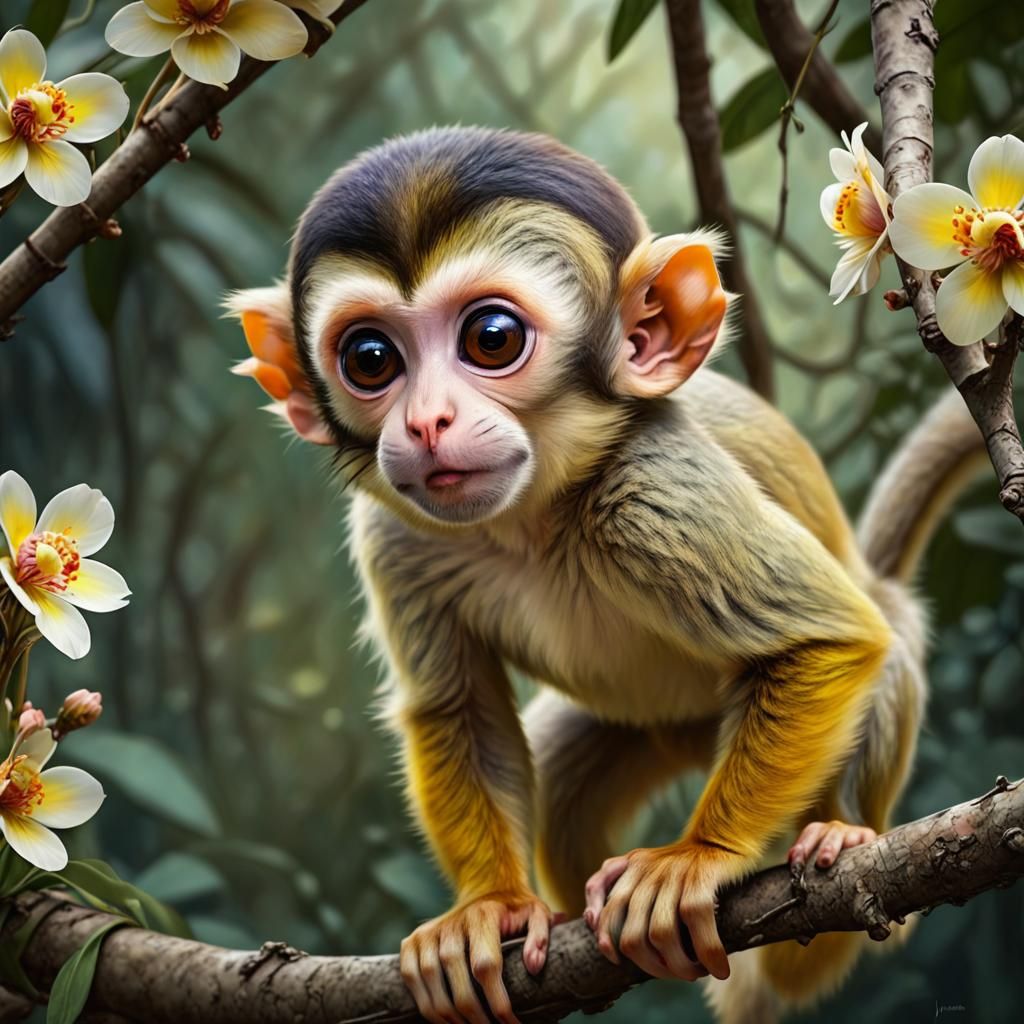 Squirrel Monkey in Jungle, Detailed Matte Painting