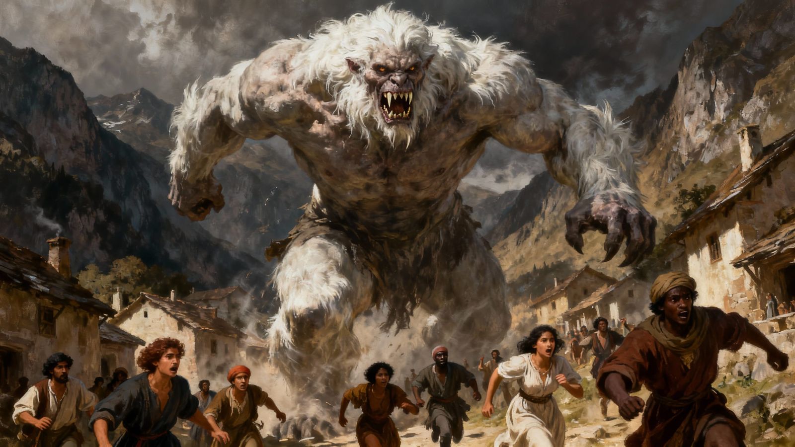Grotesque Yeti Attacks Mountain Village in Fantasy Art Style