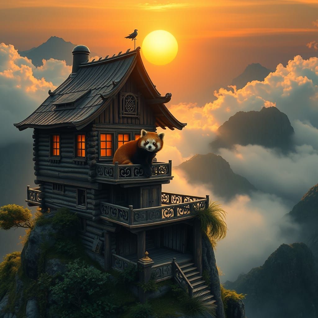 Serene Red Panda in Ancient Wooden House atop Mystical Mount...
