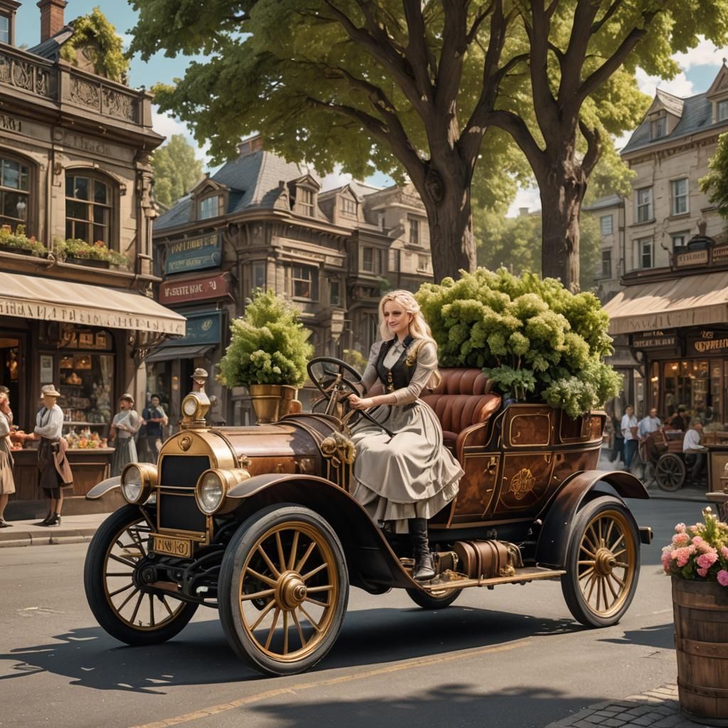 Steampunk Car with Blond Woman in Victorian Street