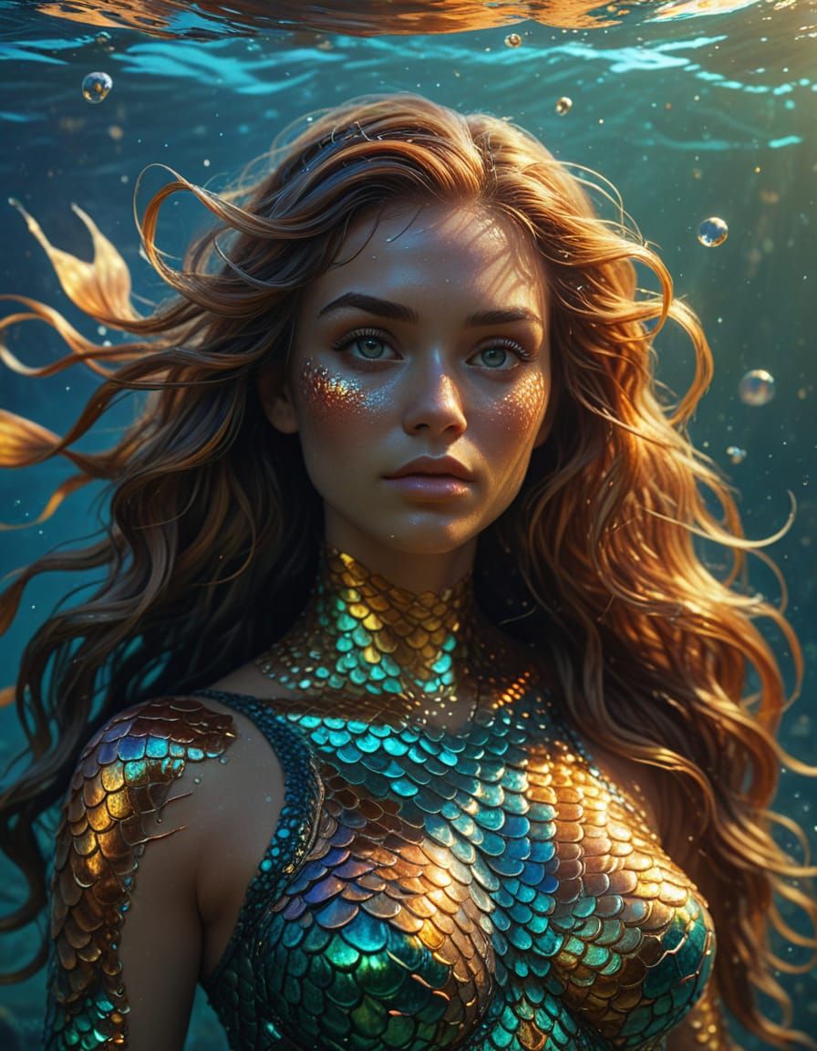 Underwater Mermaid in Golden Light: Digital Concept Art