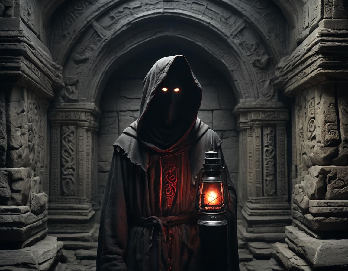 Mystical Hooded Figure in Dark Ritual Chamber