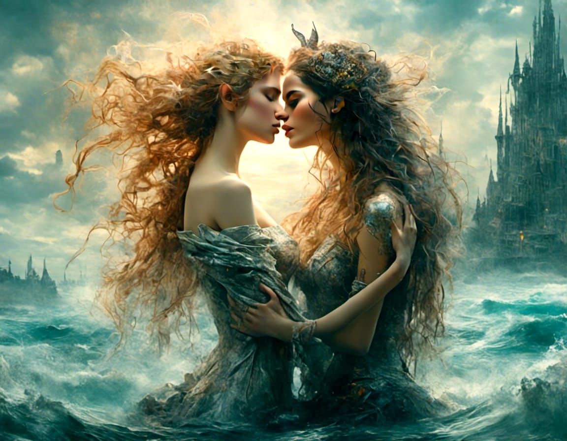 Romantic Mermaids Kissing in a High Fantasy Sea