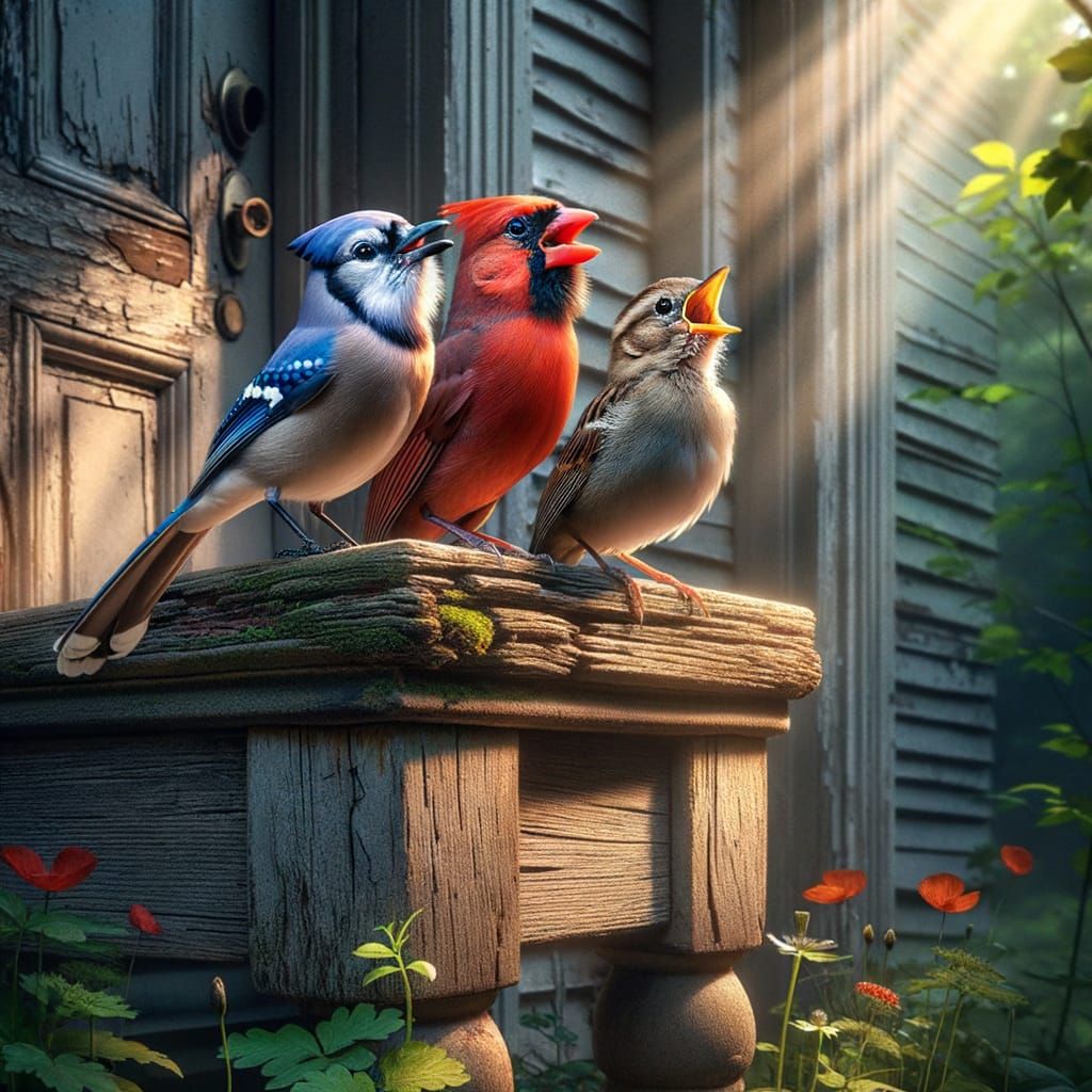Harmonious Birds on a Weathered Doorstep in a Vibrant Mornin...