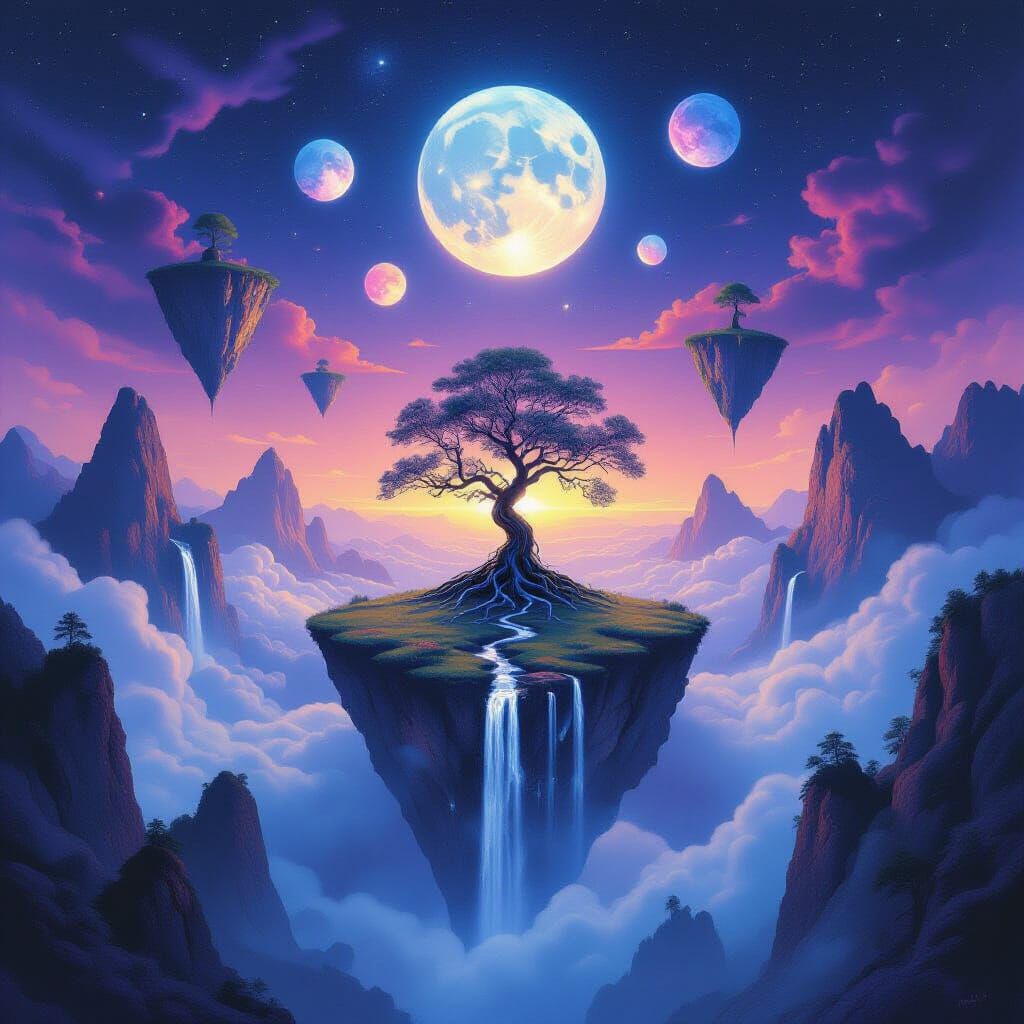 Surreal Dreamscape with Floating Islands and Ethereal Mist