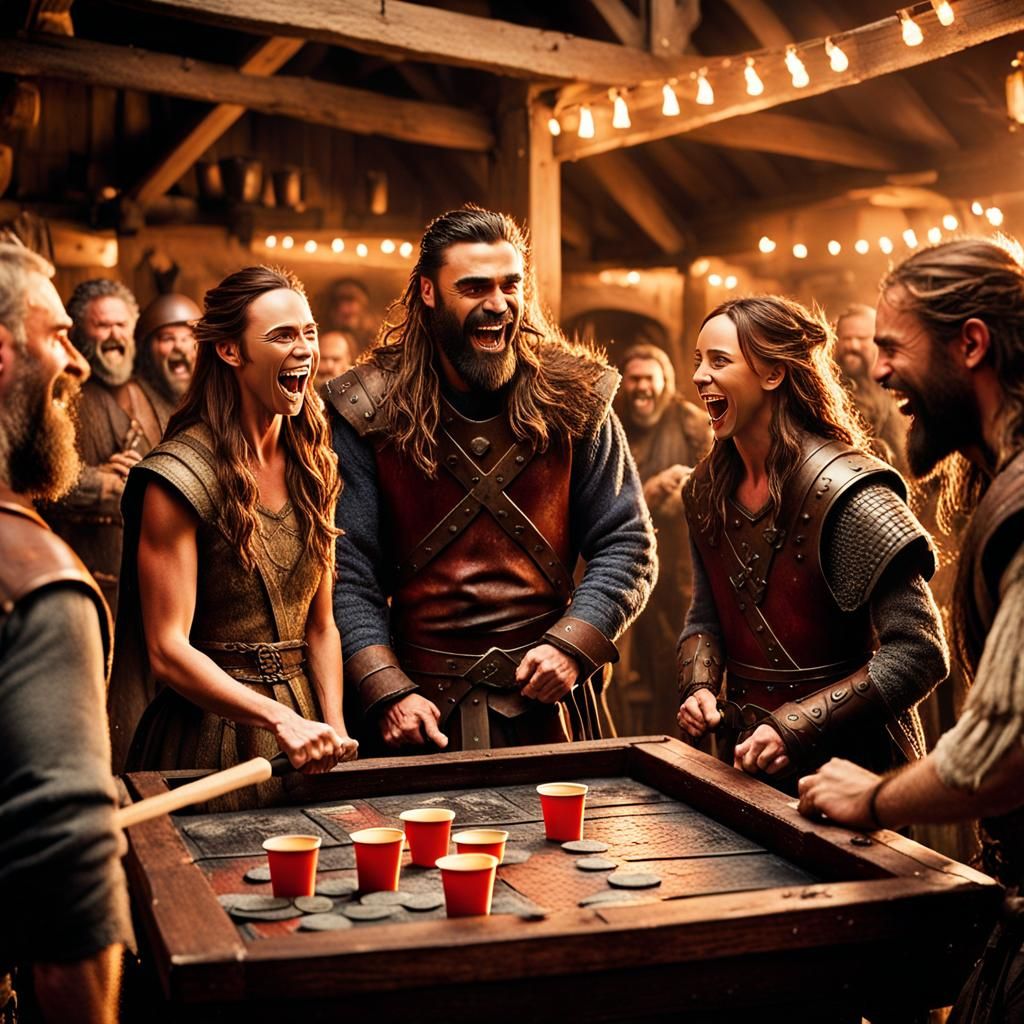 Vikings Play Beer Pong in Cinematic Tavern Scene