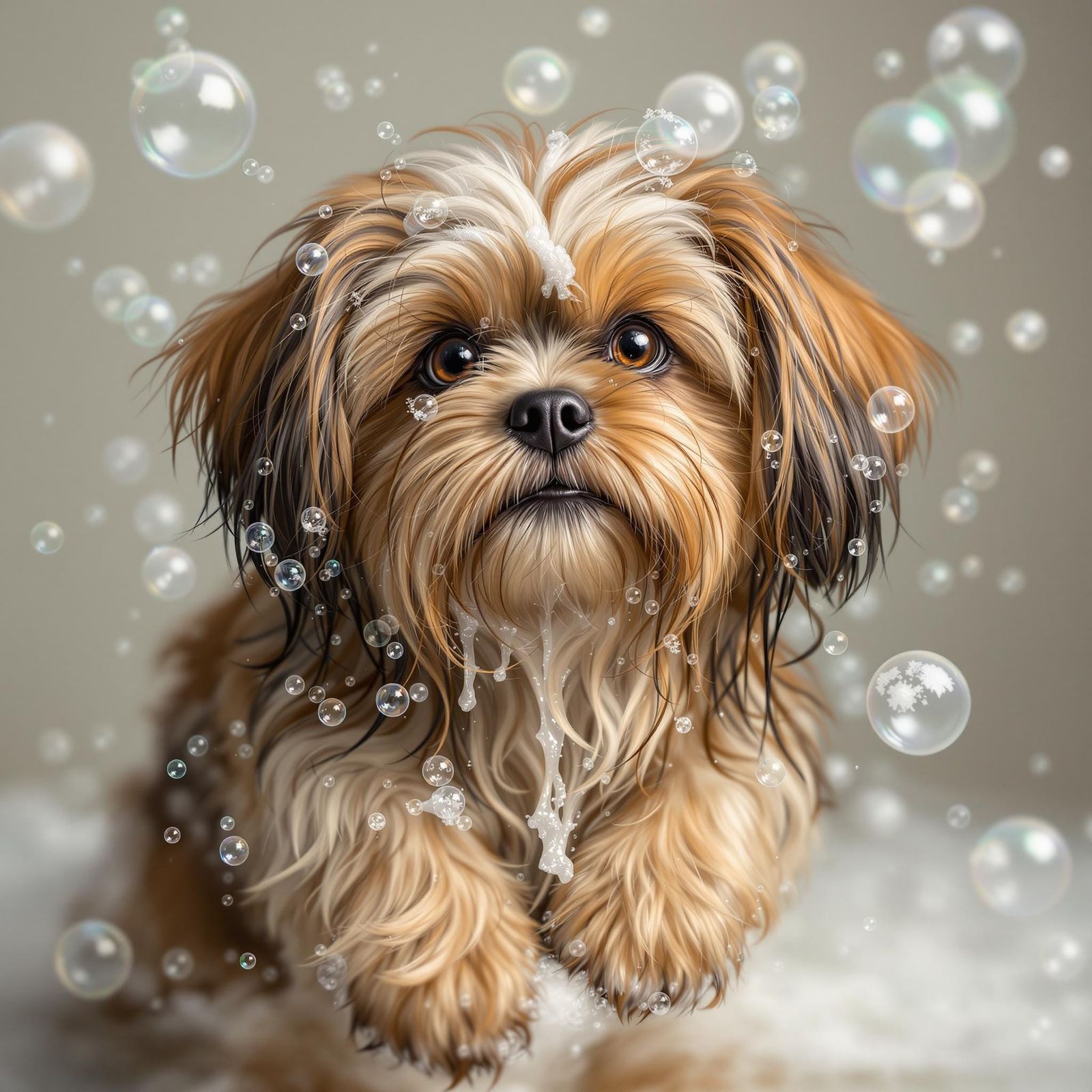 Mischievous Havanese Dog Chasing Bubbles, Photo-Realistic