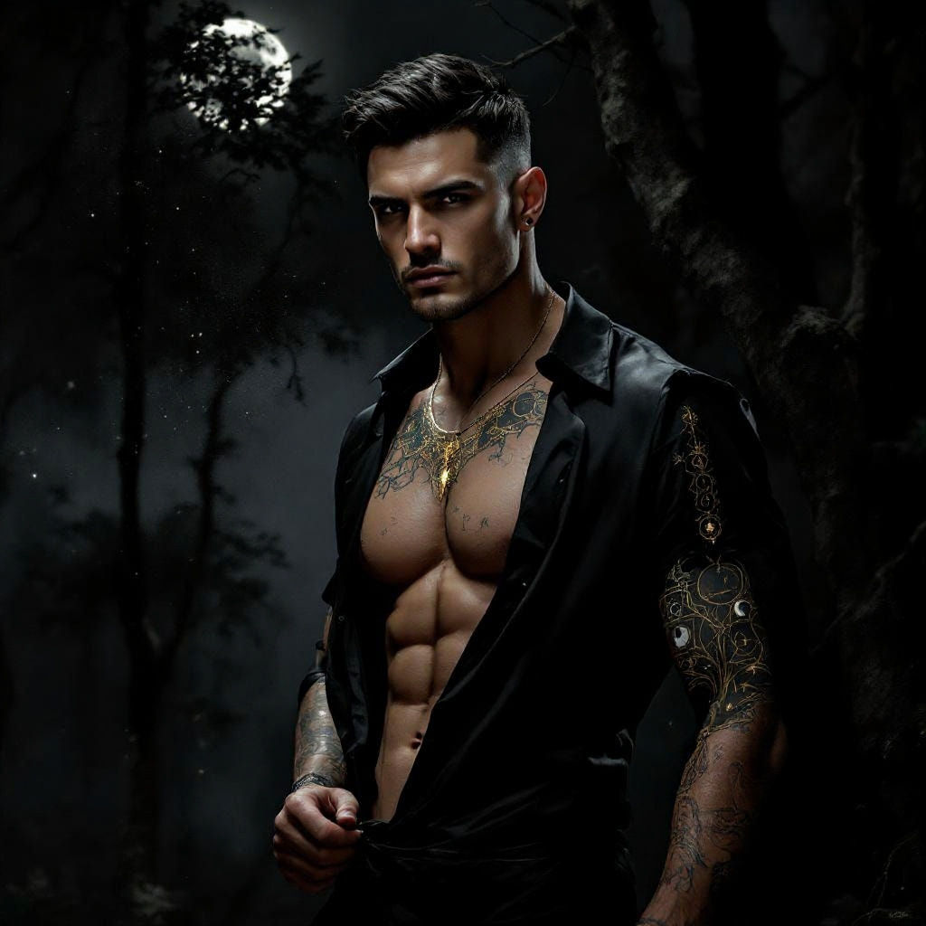 Mysterious Man in Moonlight with Lunar Tattoos