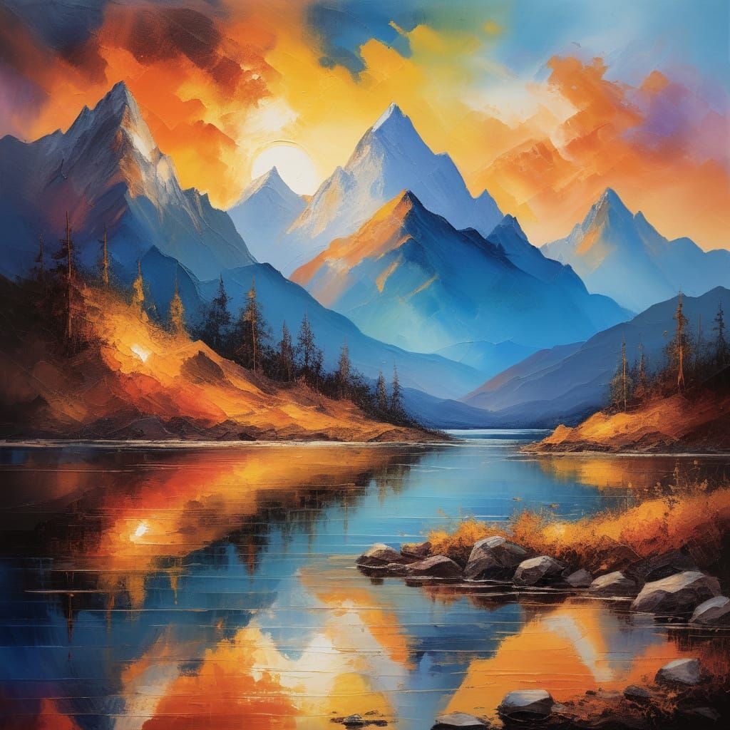 Sunset Mountain Range Oil Painting