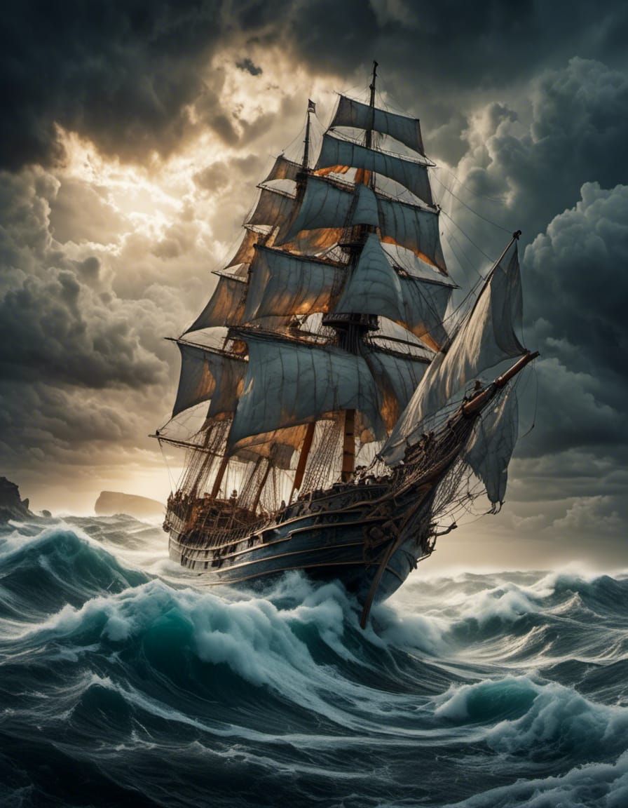 Majestic Tall Ship Sailing Through Stormy Seas