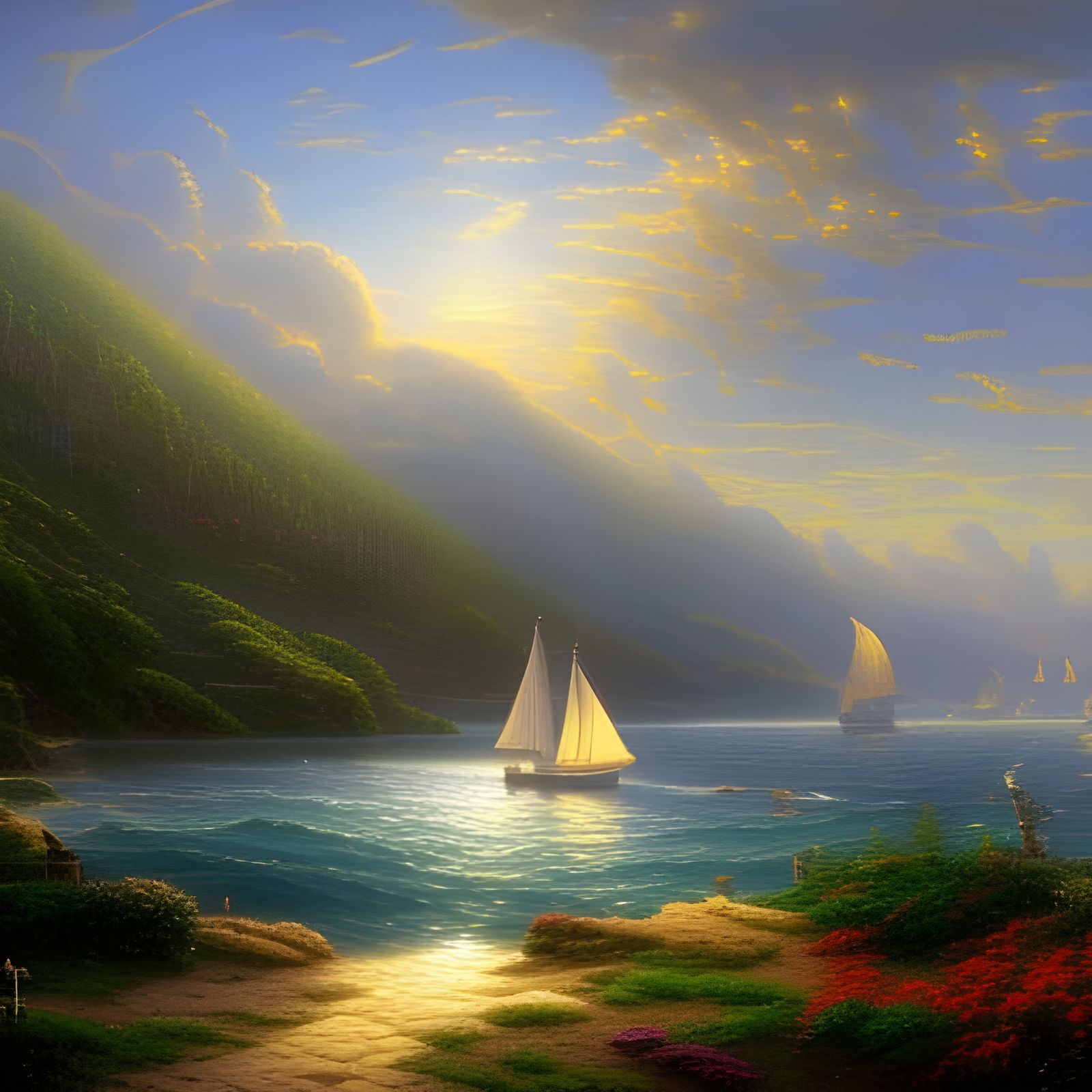 Ethereal White Sail in Blue Sea: Fantasy Matte Painting
