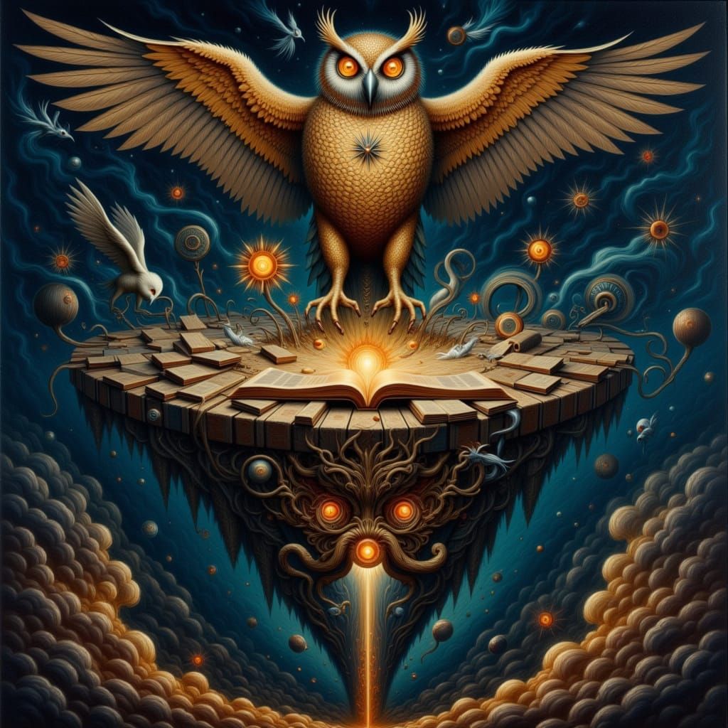 Clockwork Owl on Book Island in Cosmic Dream Vortex