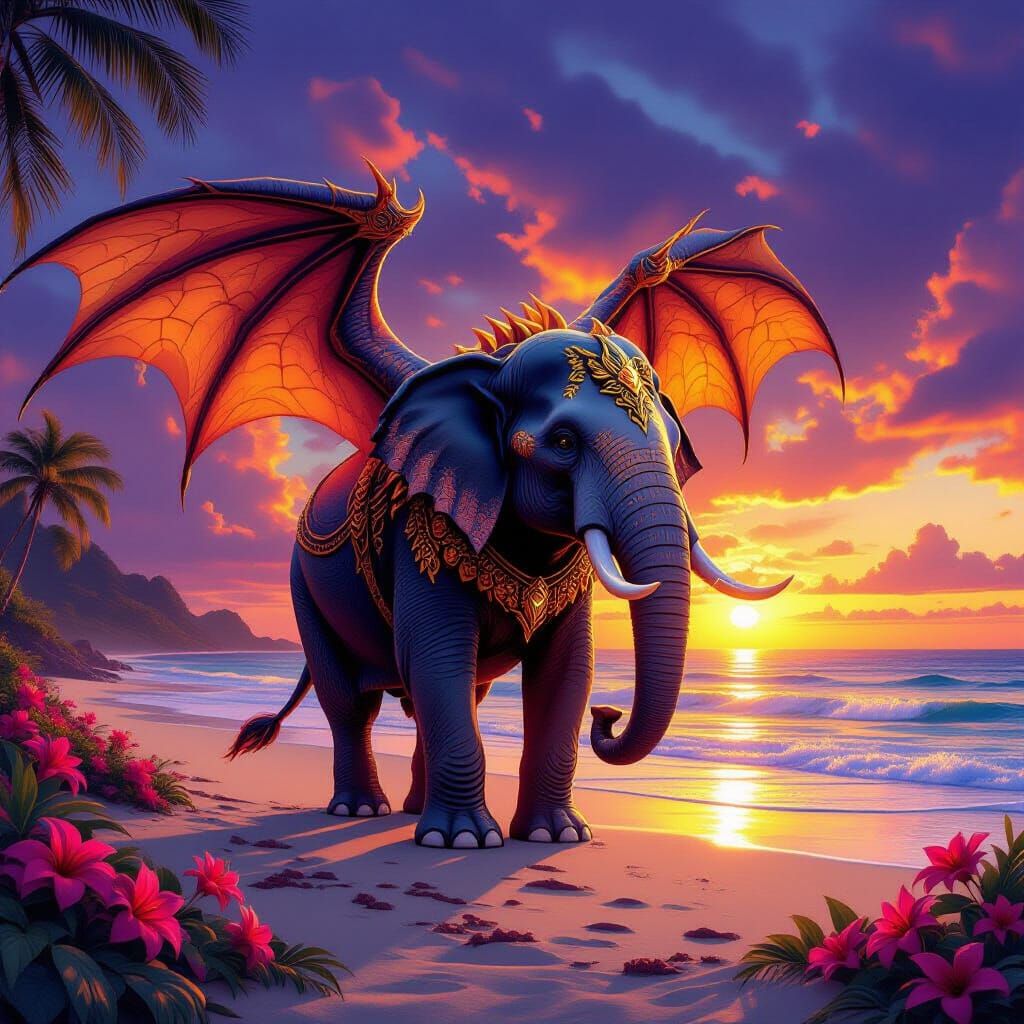 Dragon-Elephant Hybrid on Tropical Beach at Sunset