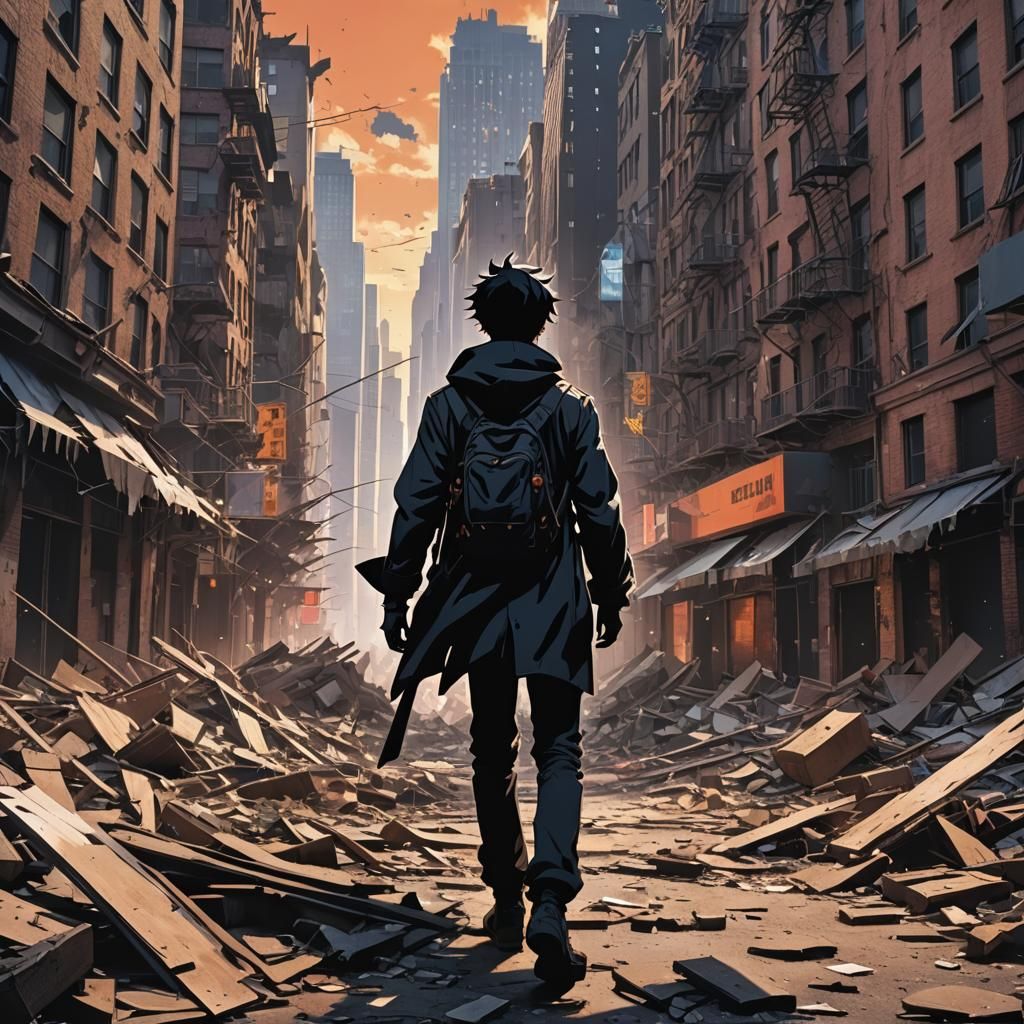 Anime Man in Ruined City, Cel-Shaded Style