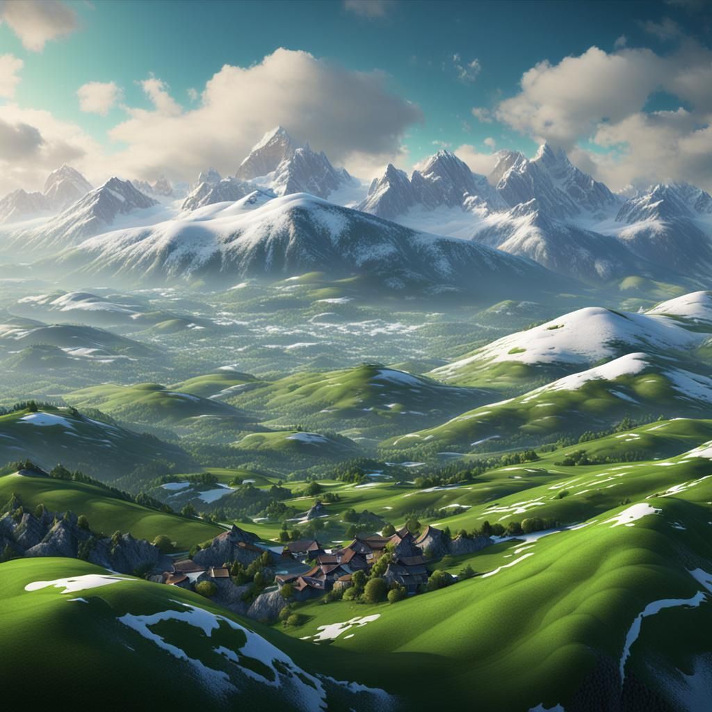 Rolling Green Hills and Snowy Peaks: Fantasy Landscape