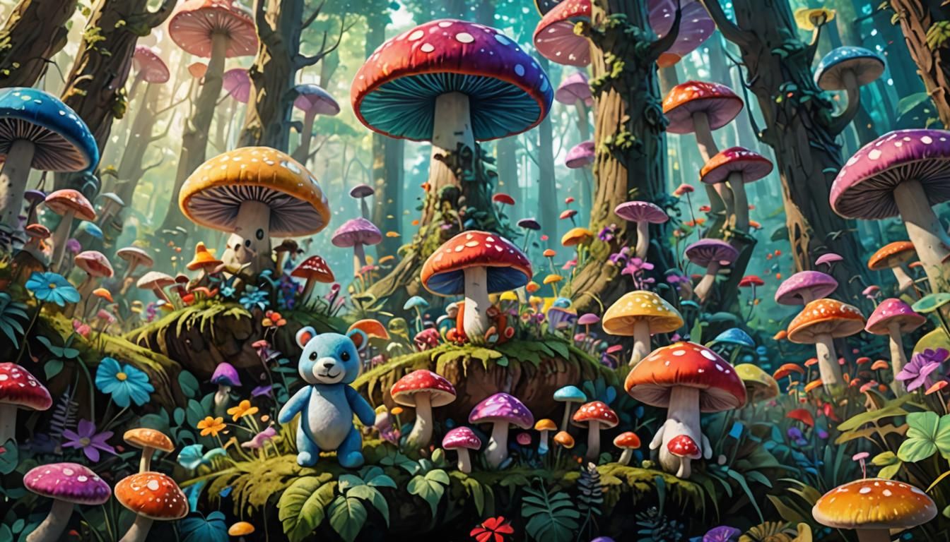 Rainbow Stuffed Animals in Whimsical Forest