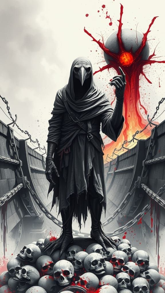 Humanoid figure with crow head, talon-clawed hands, and hook...