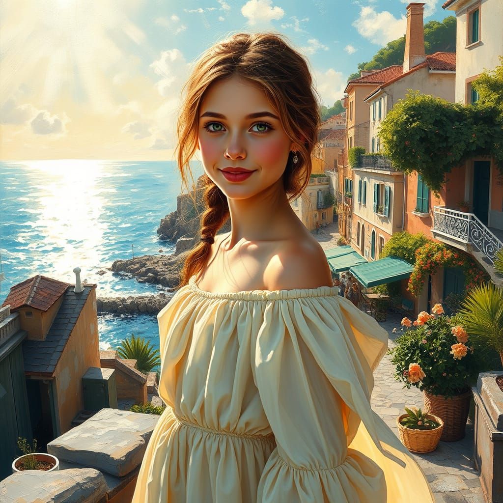 Elegant Young Girl in a Springtime Coastal Town