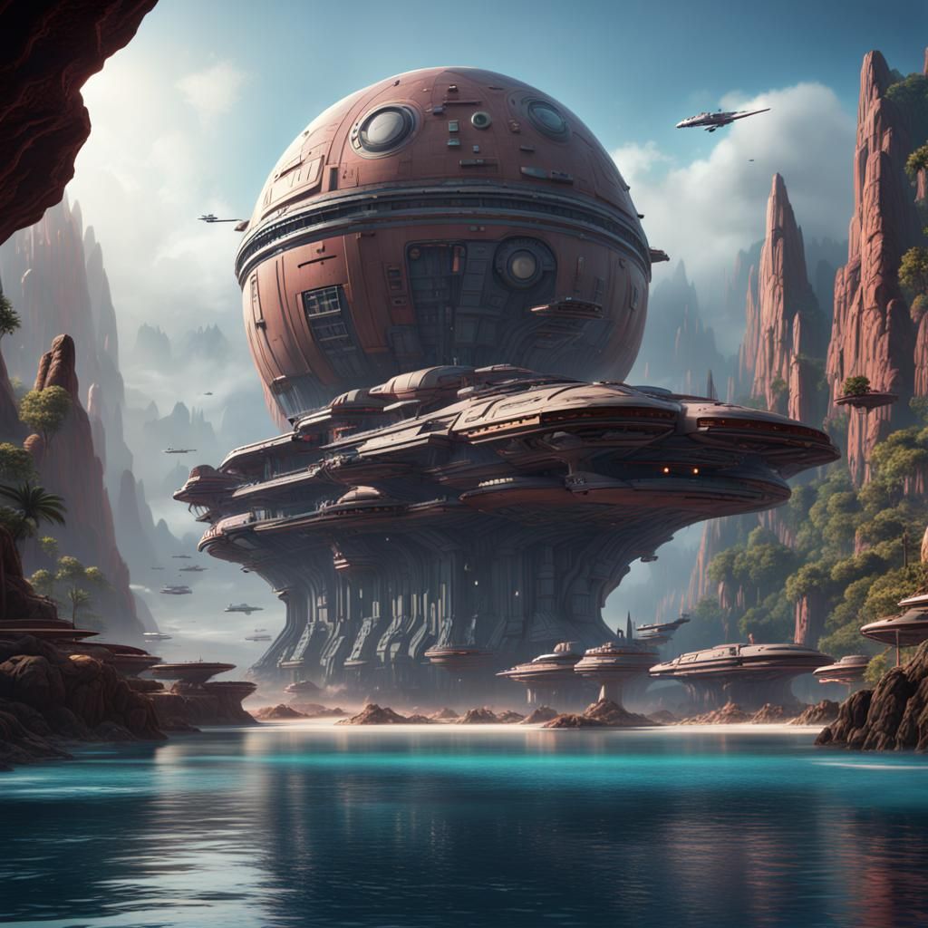 Imperial Hangar Base on Water Planet: Detailed Matte Paintin...