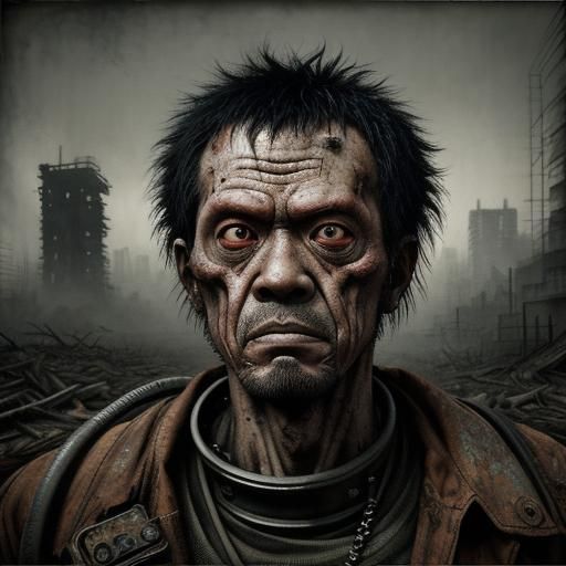 Dystopian Scrap Metal Chimera in Horror Manga Style