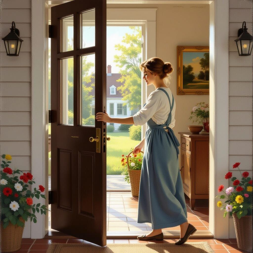 Woman Unlocks Door in Vermeer-Inspired Home