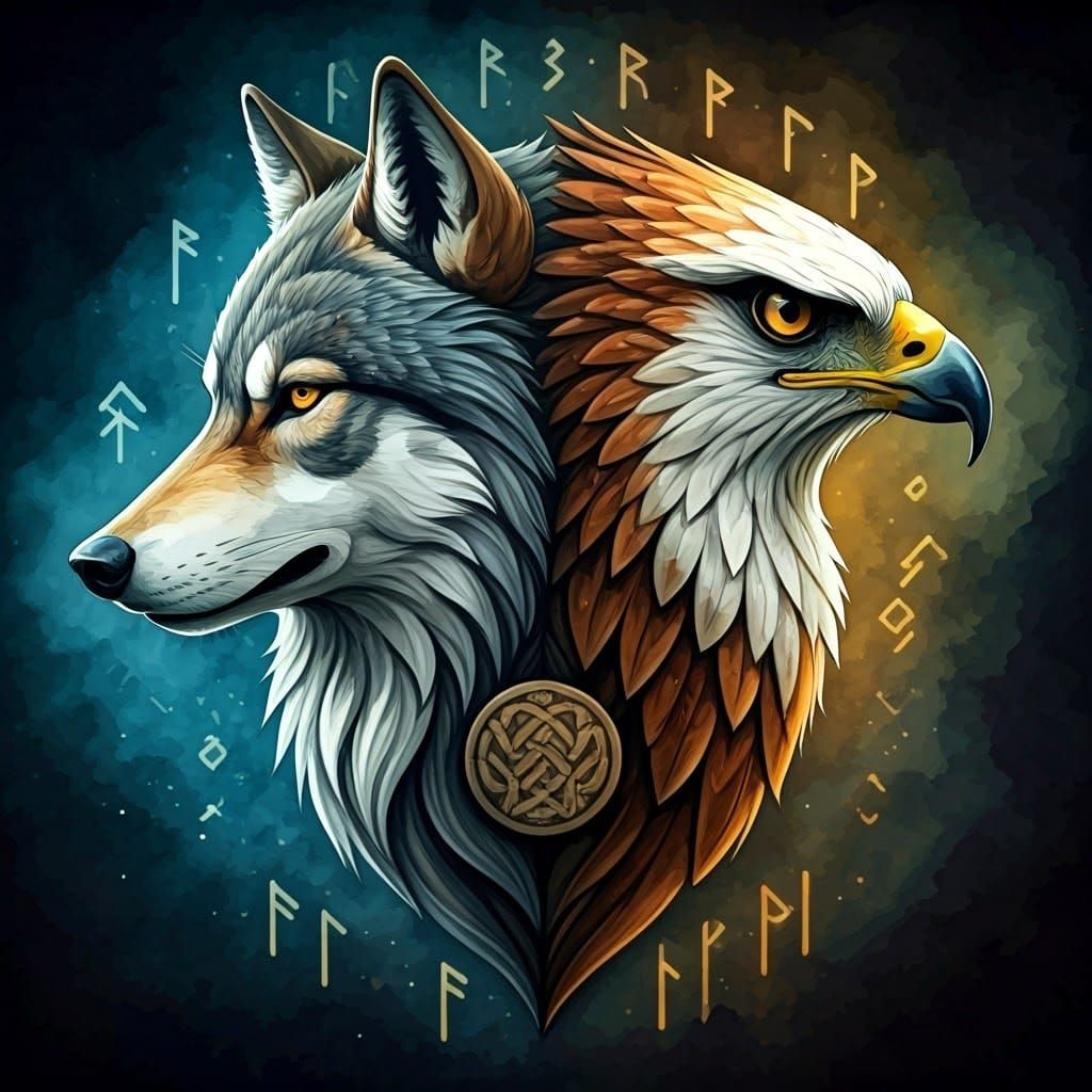 Abstract Wolf and Hawk Watercolor with Celtic Runes