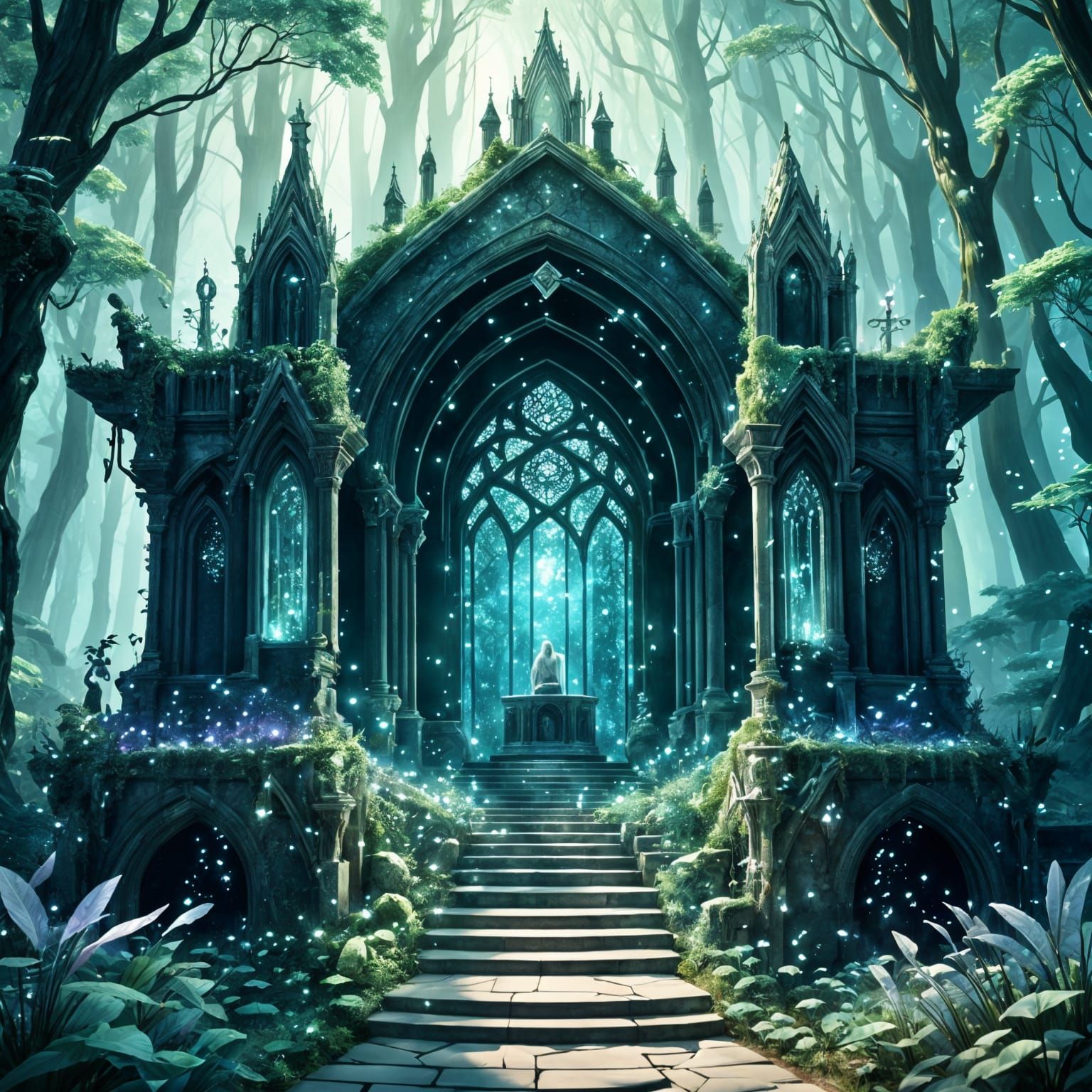 Intricate Forest Chapel with Luminous Crystals
