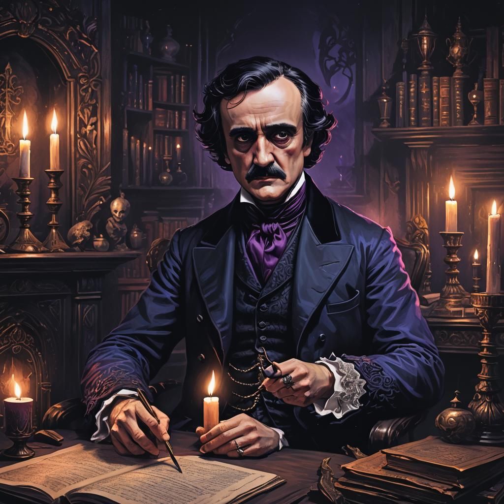Eerie Portrait of Edgar Allan Poe in Art Nouveau Style
