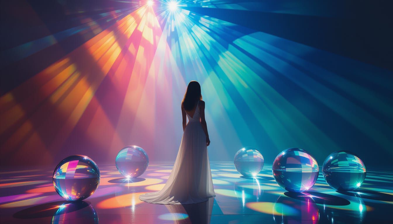 Woman in Surreal Light Refraction Scene
