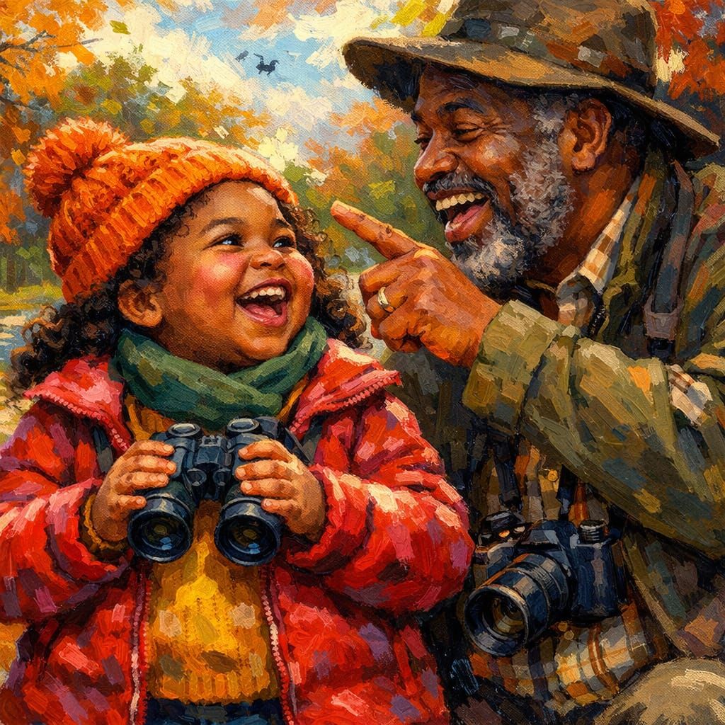 Girl and Uncle Birdwatching in Park