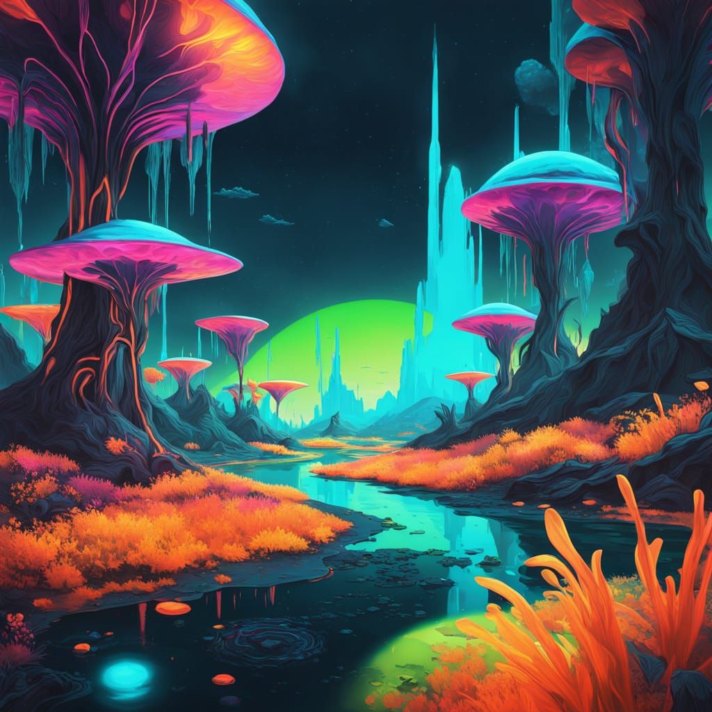 Neon Extraterrestrial Flora in Sci-Fi Landscape