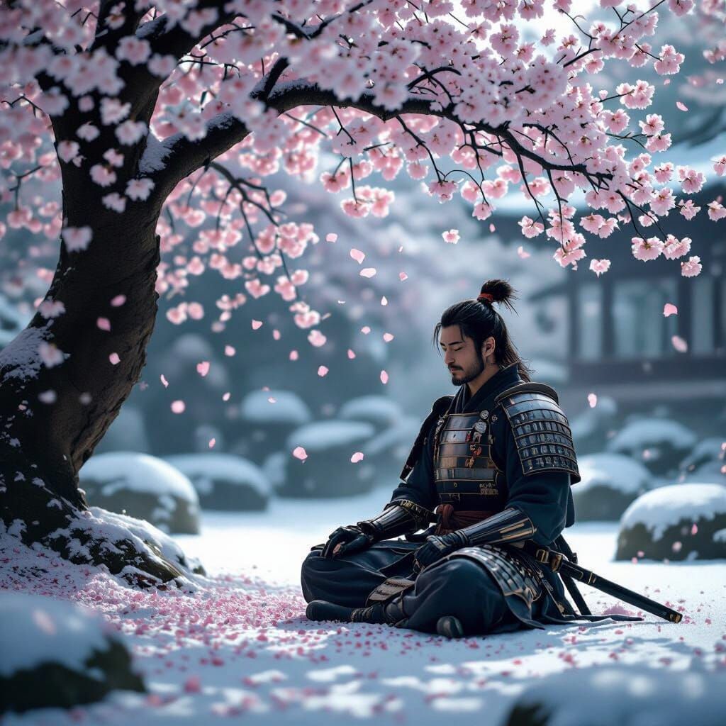 Samurai Meditating Under Cherry Blossoms in Snowy Garden