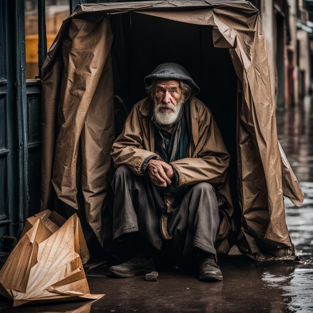 Homeless Man Sheltering from Rain
