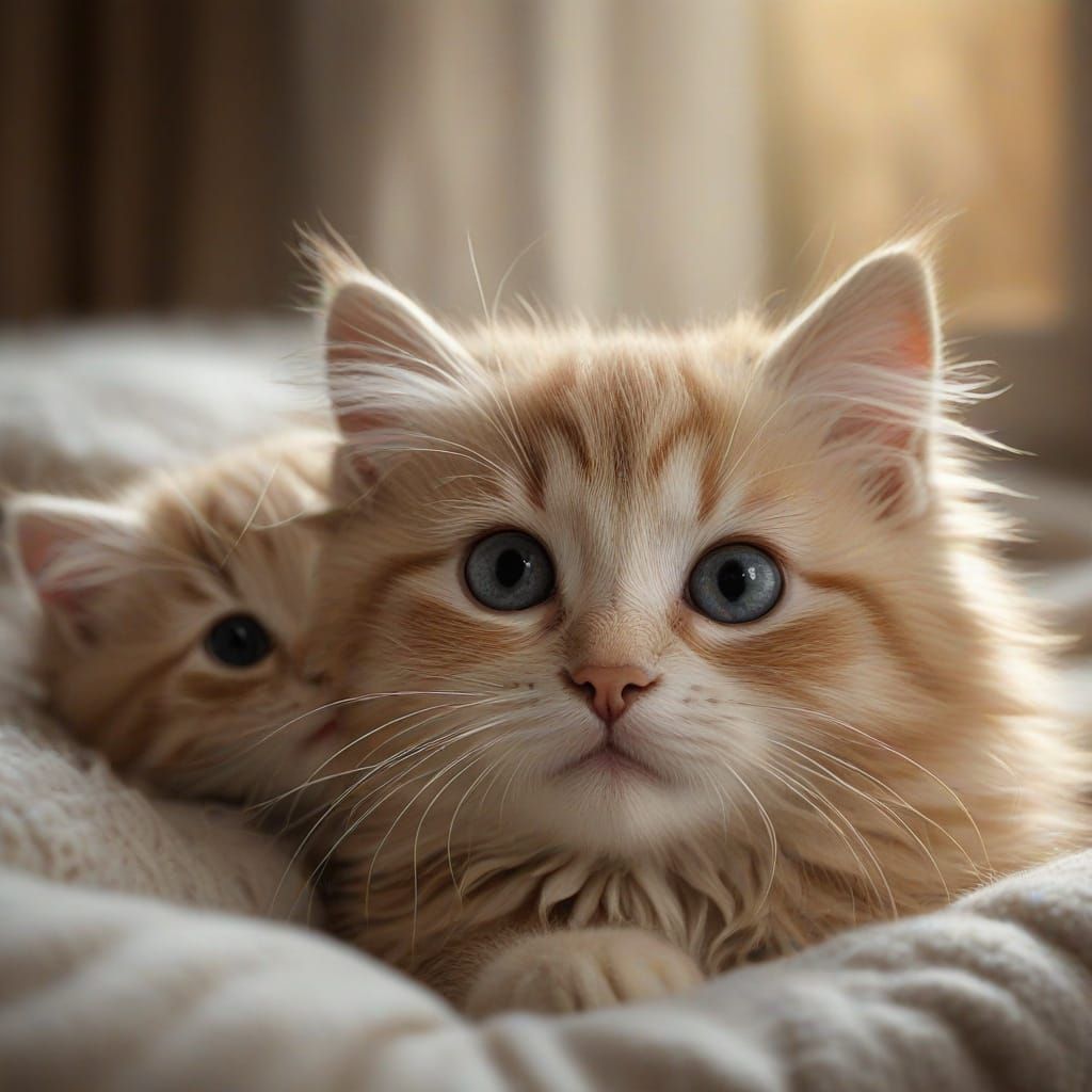 Lifelike Portrait of Kittens Gazing at Owner with Big Eyes