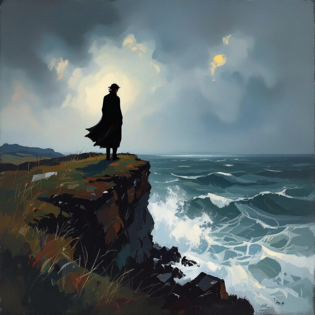 Figure on Cliff Overlooking Stormy Sea, Expressionist Style