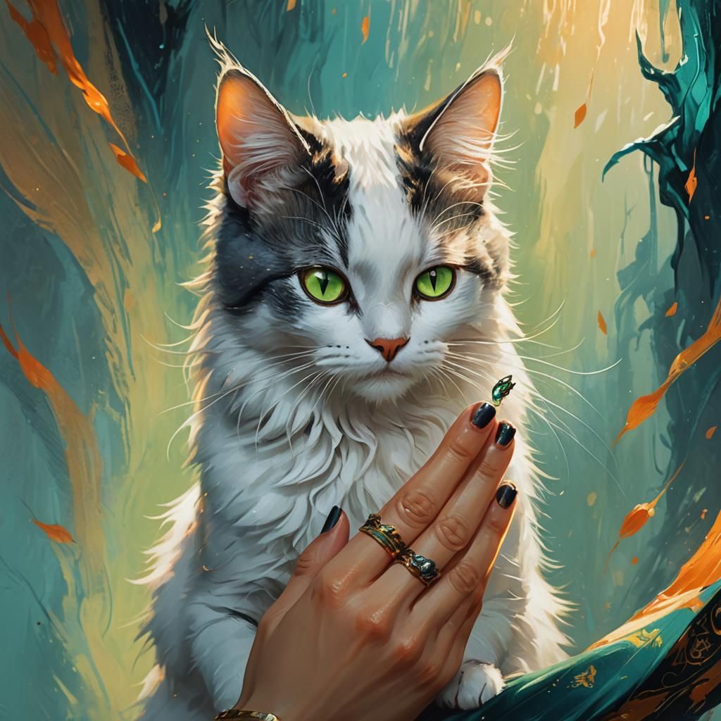 Miniature Cat on Finger, Digital Art