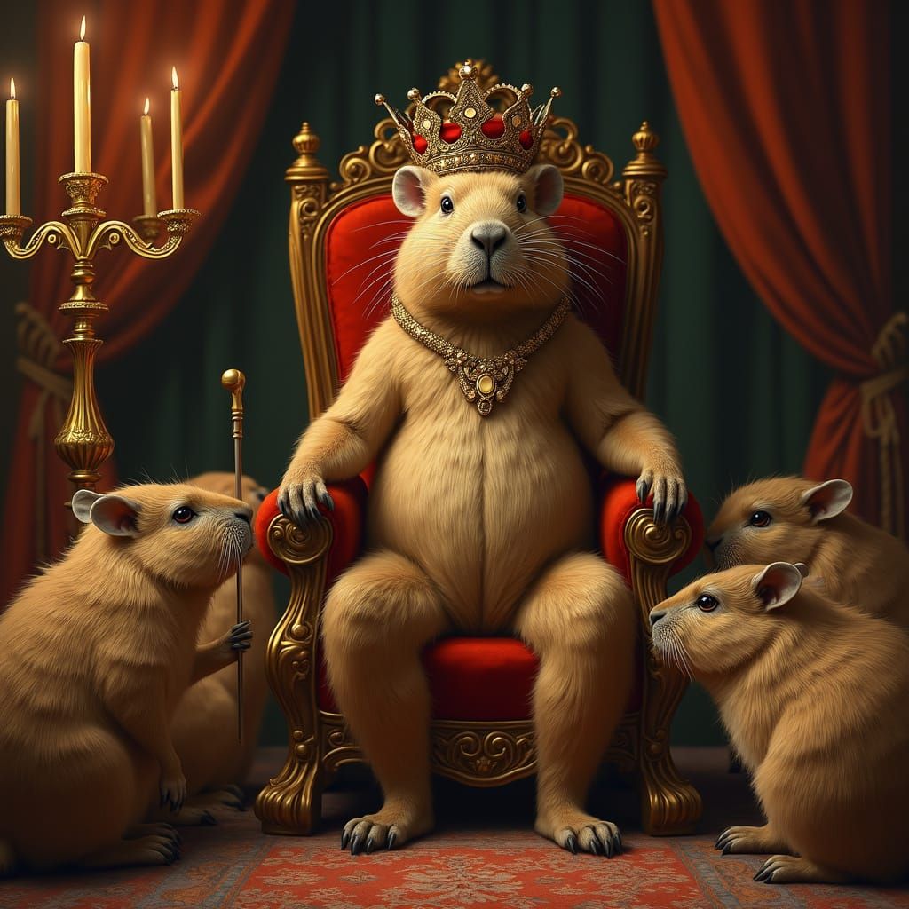 Regal Capybara Ruler Surrounded by Adoring Capybaras in Opul...