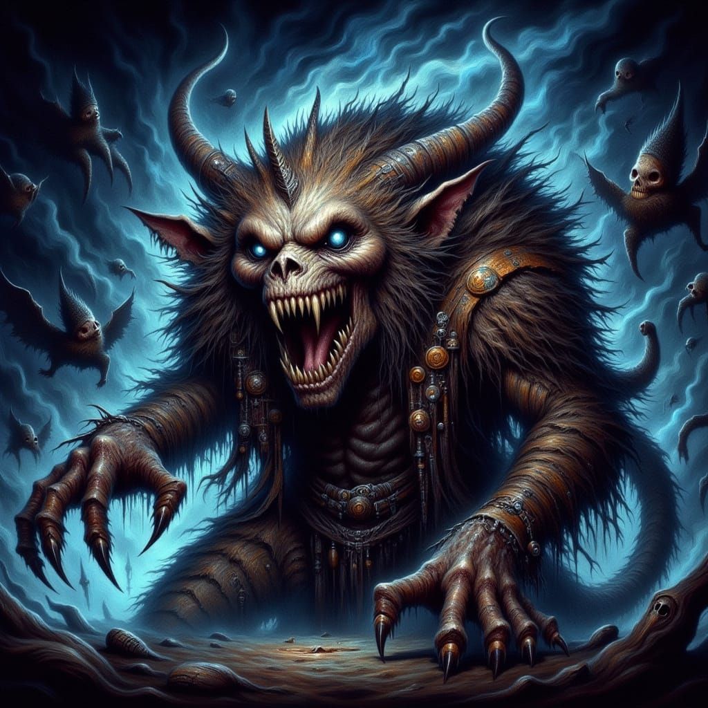 Great toothed biped beasts, eyes like blue flames, brown fur...
