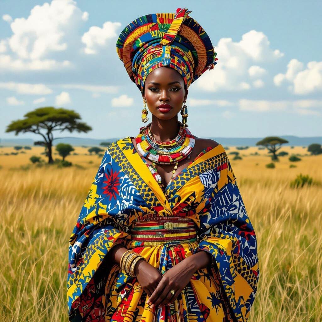 African Goddess in Savannah, Contemporary Art Style