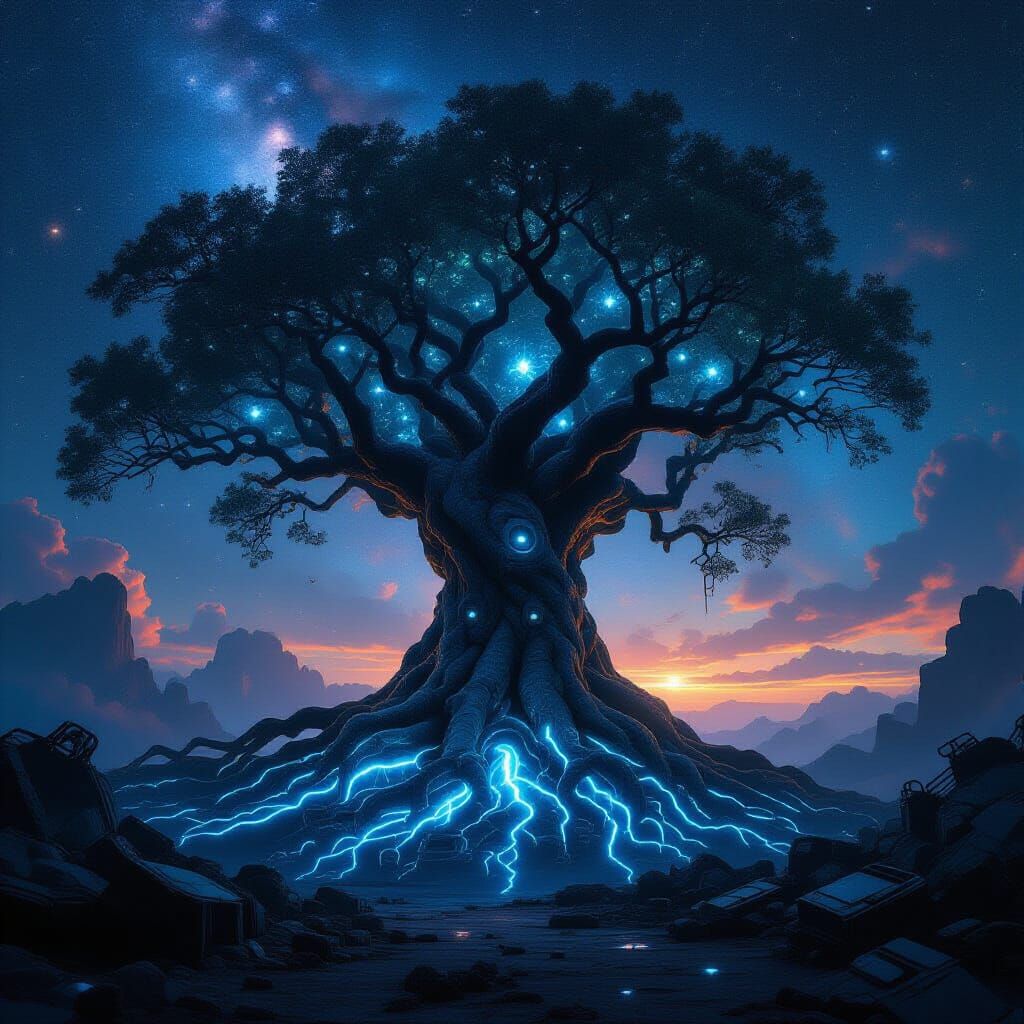 Ancient Boro Tree With Bioluminescent Roots Amidst Cosmic Ru...