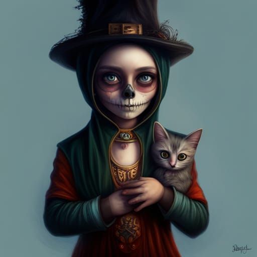Cute Baby Skeleton with Cat in Fantasy Art Style