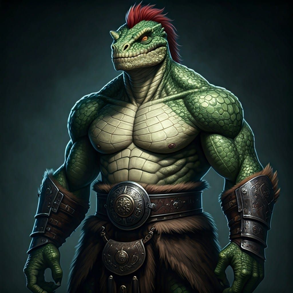 Dark Fantasy Lizardfolk Barbarian Portrait in Cyberpunk Styl...