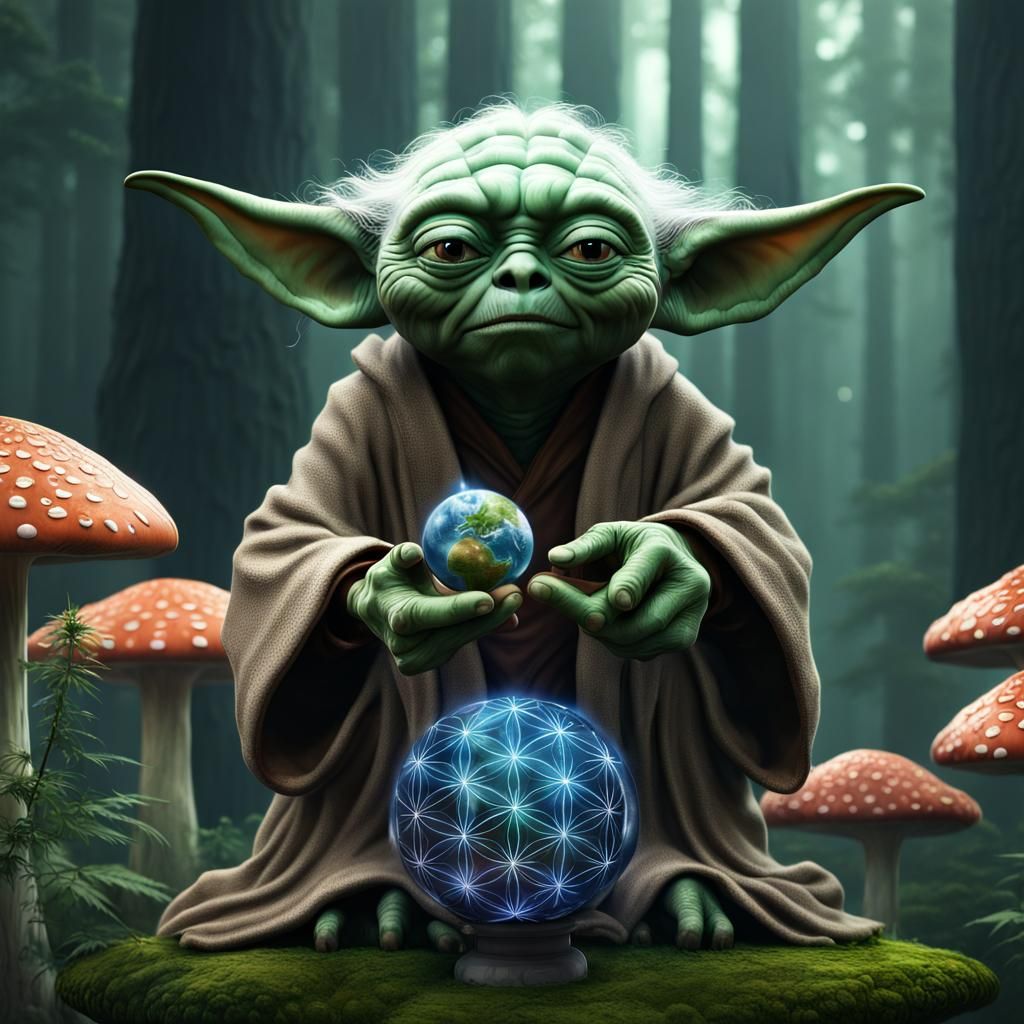 Yoda in Cannabis Forest with Flower of Life
