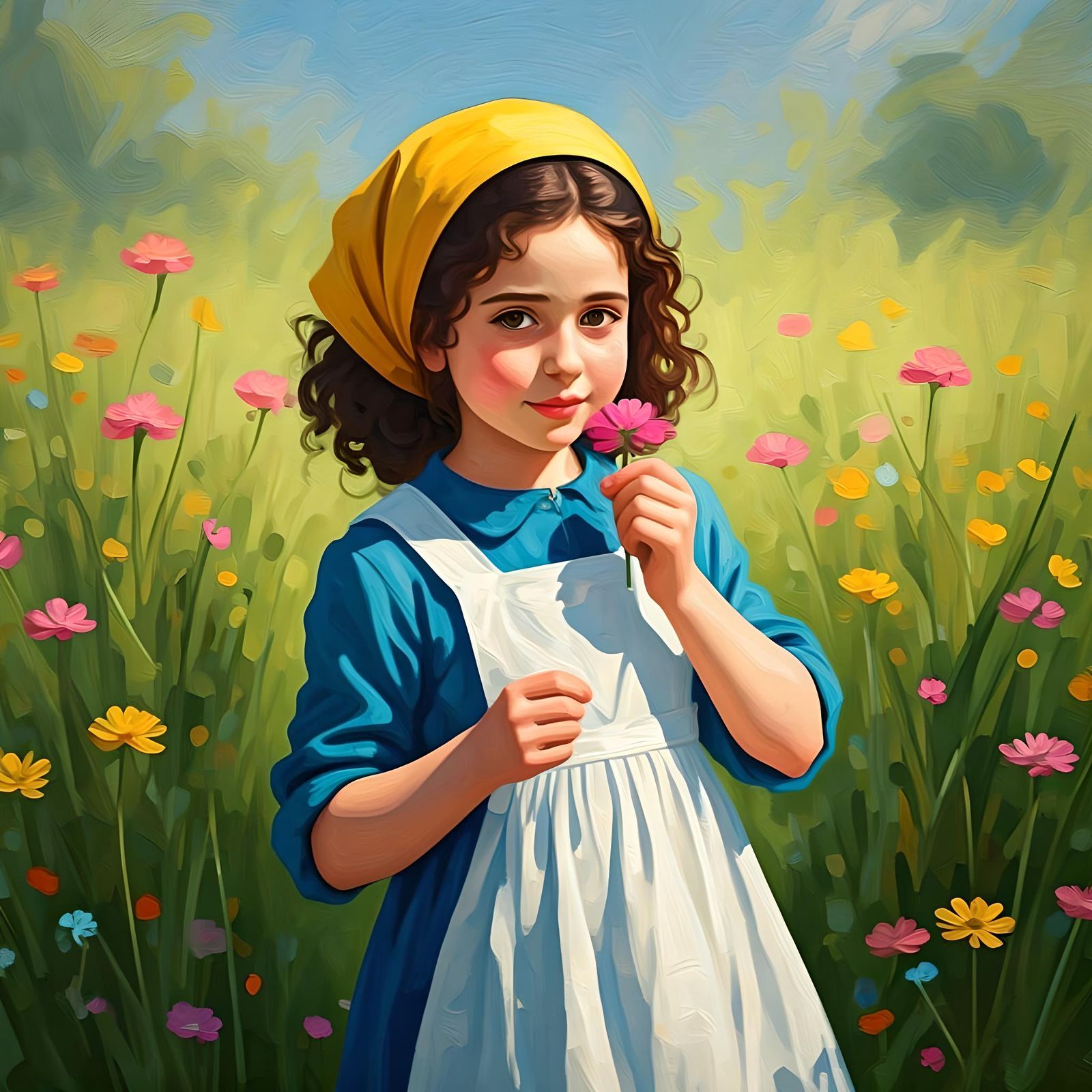 Orthodox Girl in Field, Gouache Impressionist Style