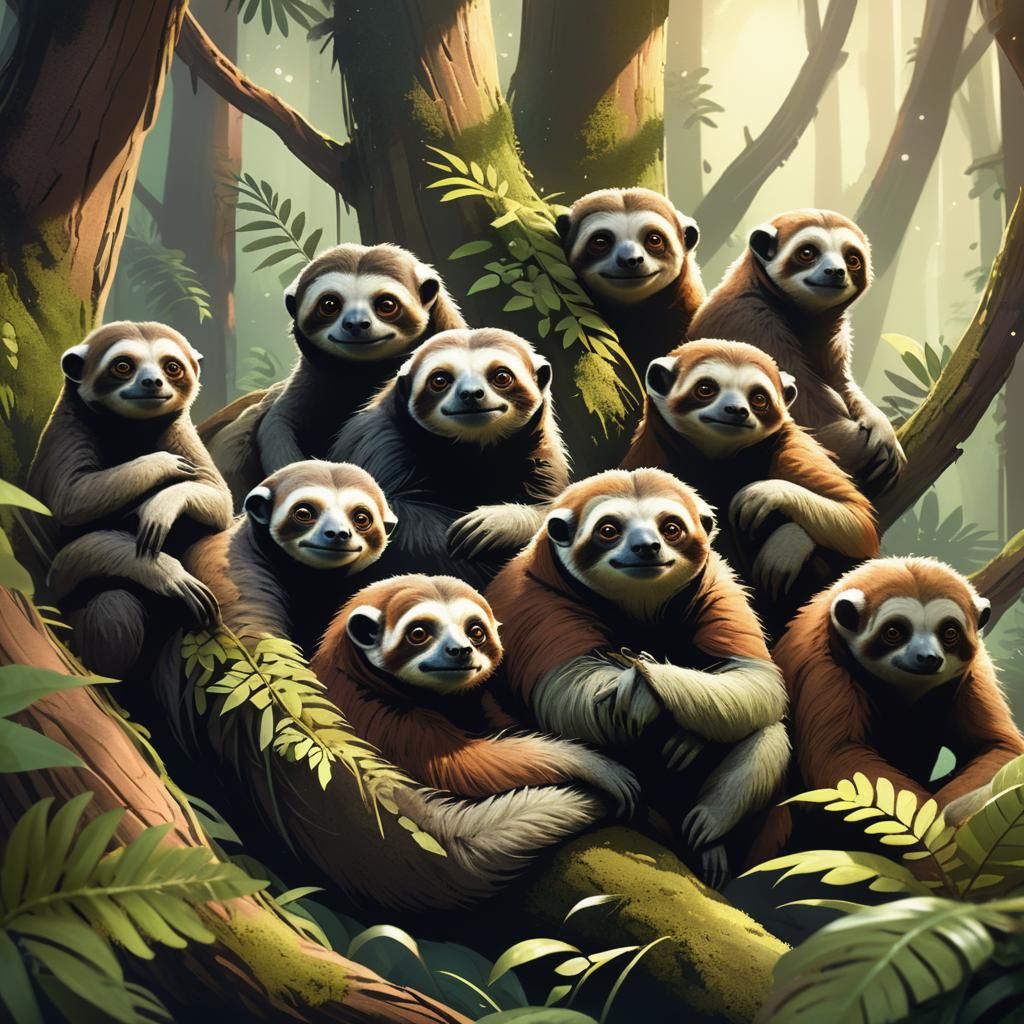 Gentle Sloth-Lemur Creatures in Exoplanet Forest