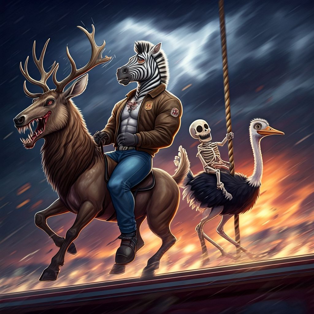 Zebra and Skeleton on Merry-Go-Round, Colored Pencil Sketch