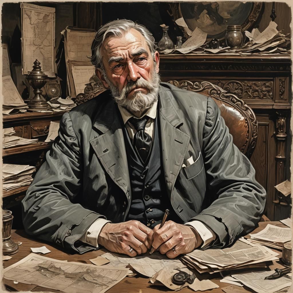 Overworked Politician Amidst War Plans: Dark Fantasy Scene